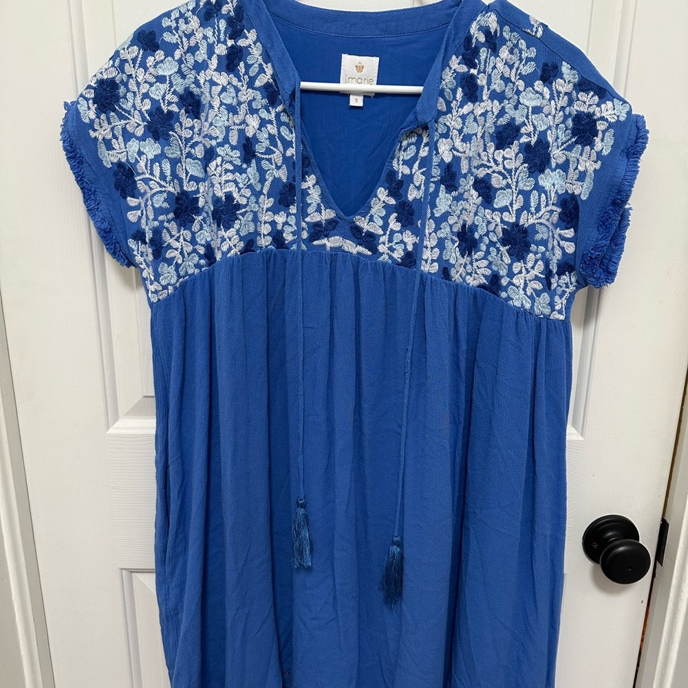 0134 J. Marie Blue Embroidered V-Neck Mini Dress with Tassel Detail Womens small